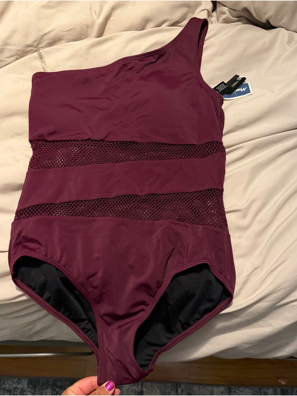 Carmen Marc Valvo Burgundy One-Shoulder Mesh Swimsuit